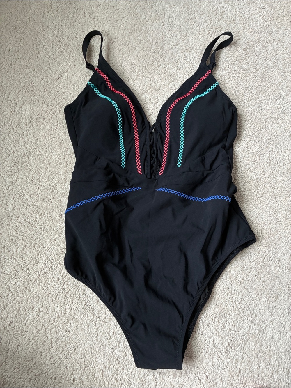 Women's Black One-Piece Swimsuit with Multicolor Stitching size 12